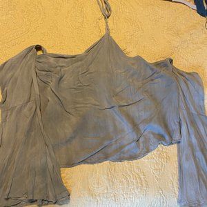 Grey colored open shoulder halter top